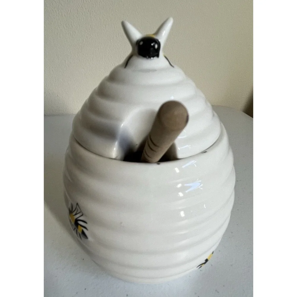 Ceramic Bee Honey Jar Wooden Dipper Beehive Kitchen Decor Cottagecore Farmhouse